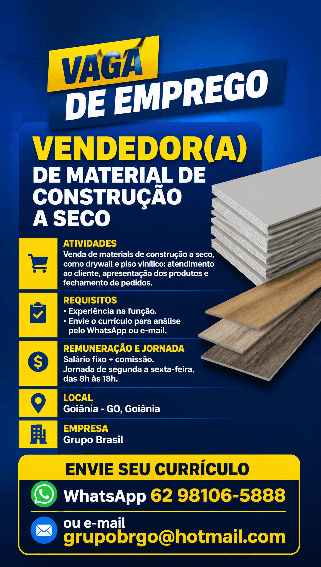Arte da vaga de Vendedor(a) de Material de Construção a Seco