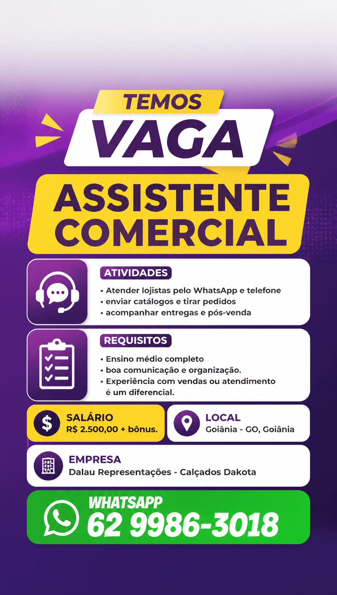 Arte da vaga de Assistente Comercial