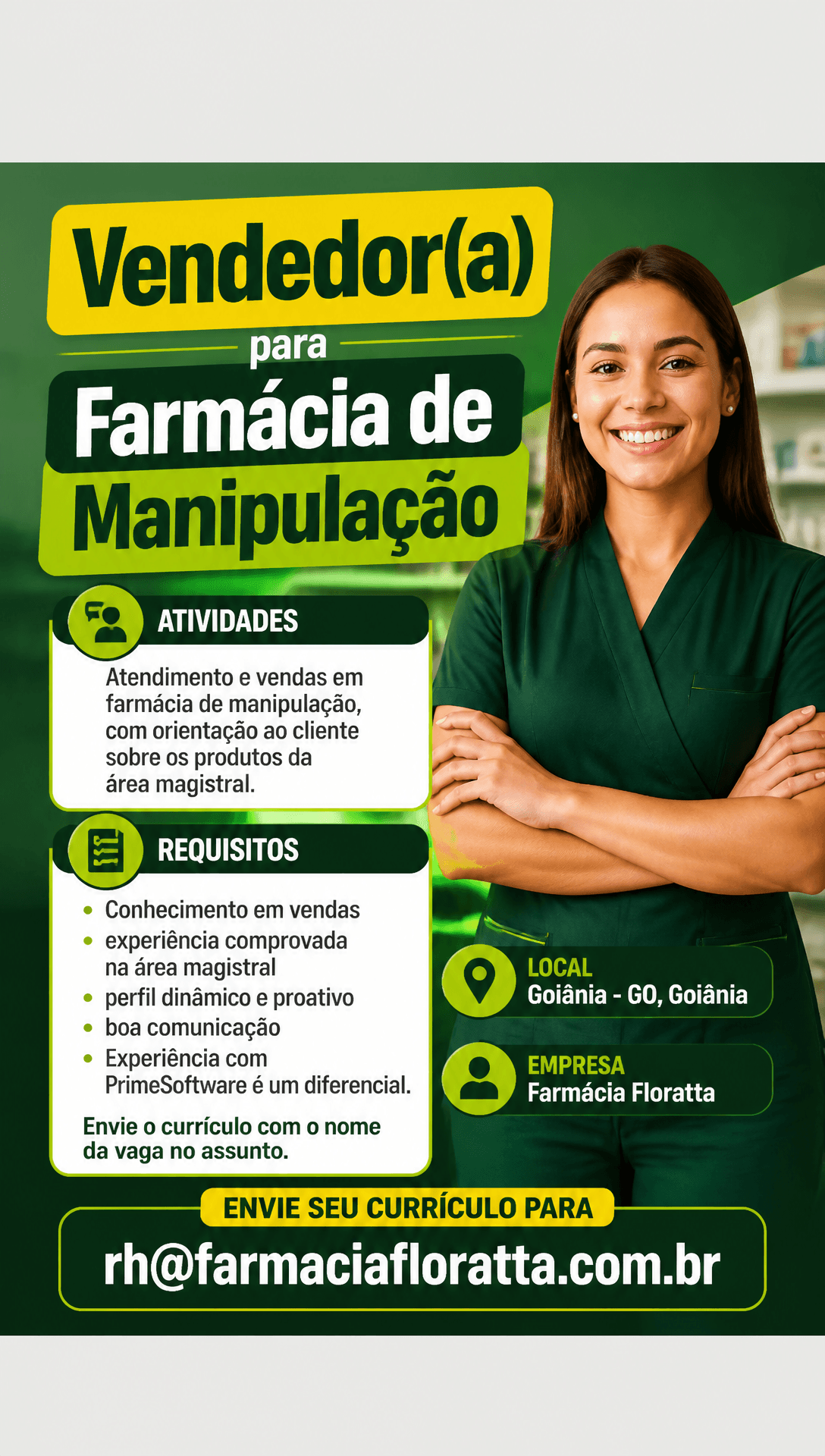 Arte da vaga de Vendedor(a) para Farmácia de Manipulação