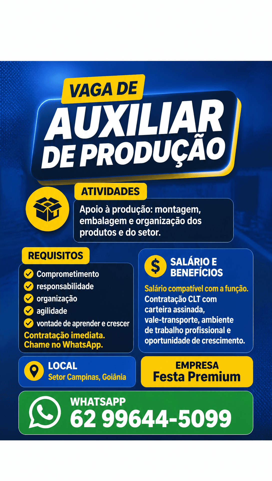 Arte da vaga de Auxiliar de Produção