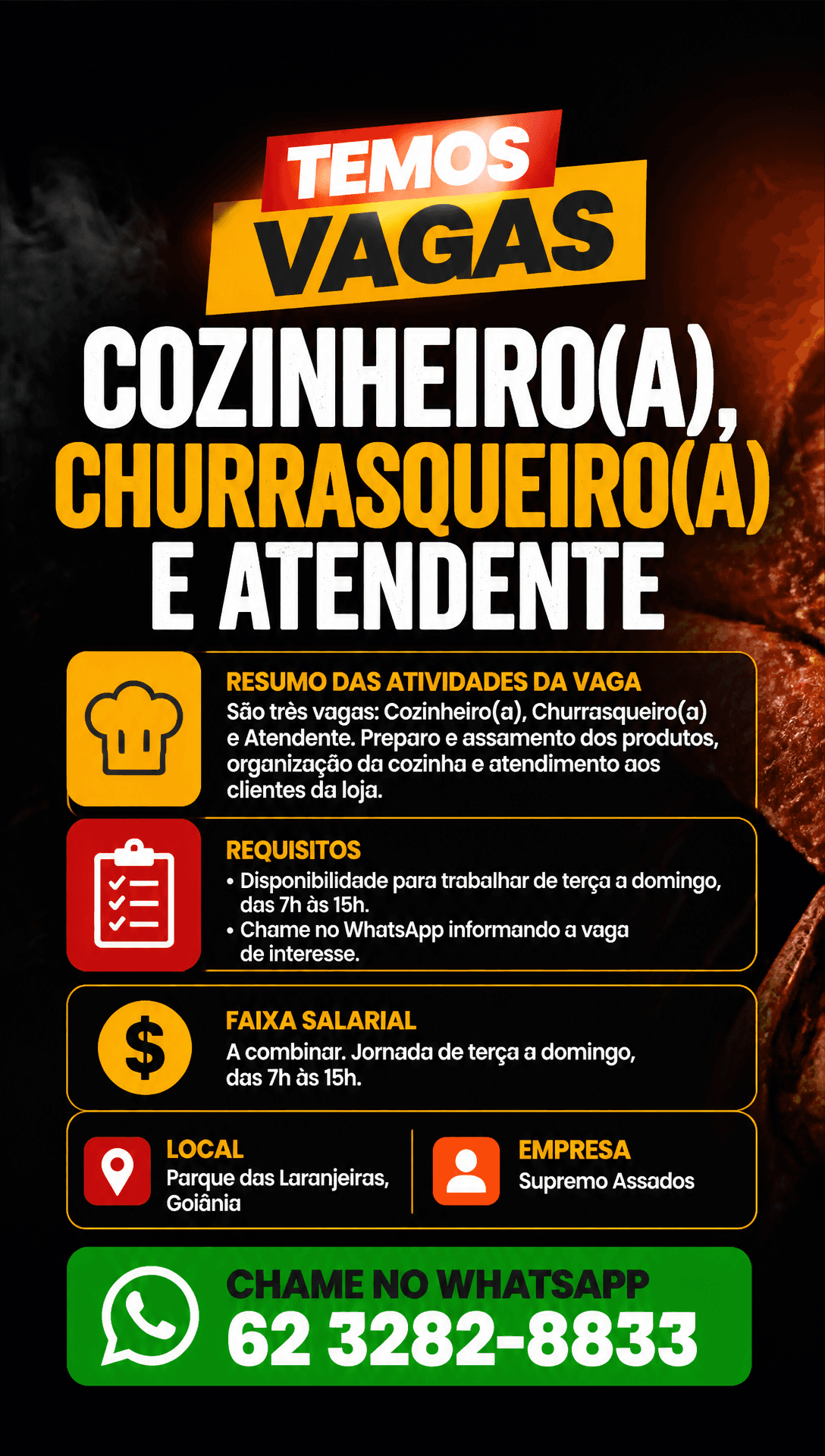 Arte da vaga de Cozinheiro(a), Churrasqueiro(a) e Atendente