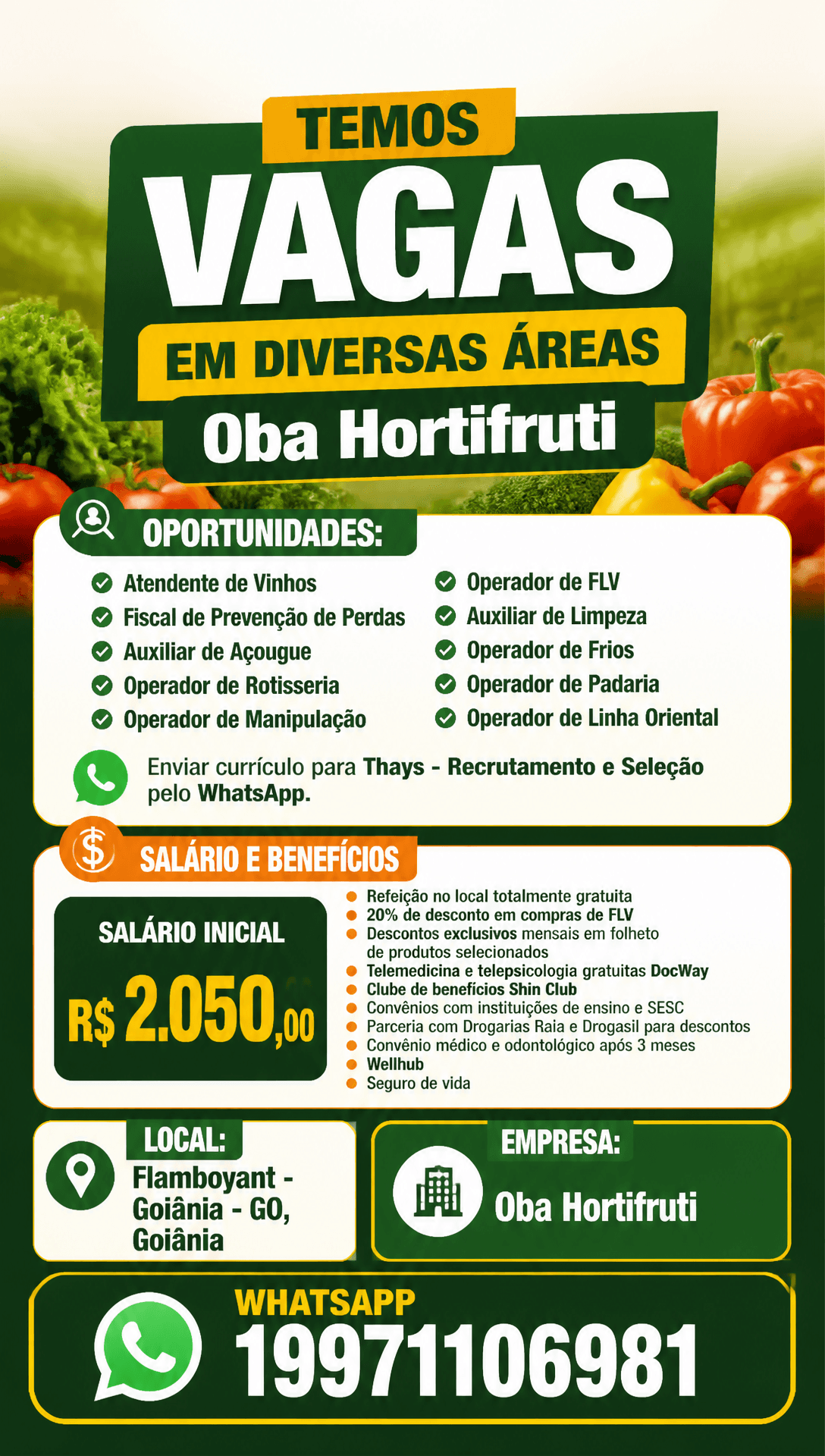 Arte da vaga de Vagas em Diversas Áreas - Oba Hortifruti