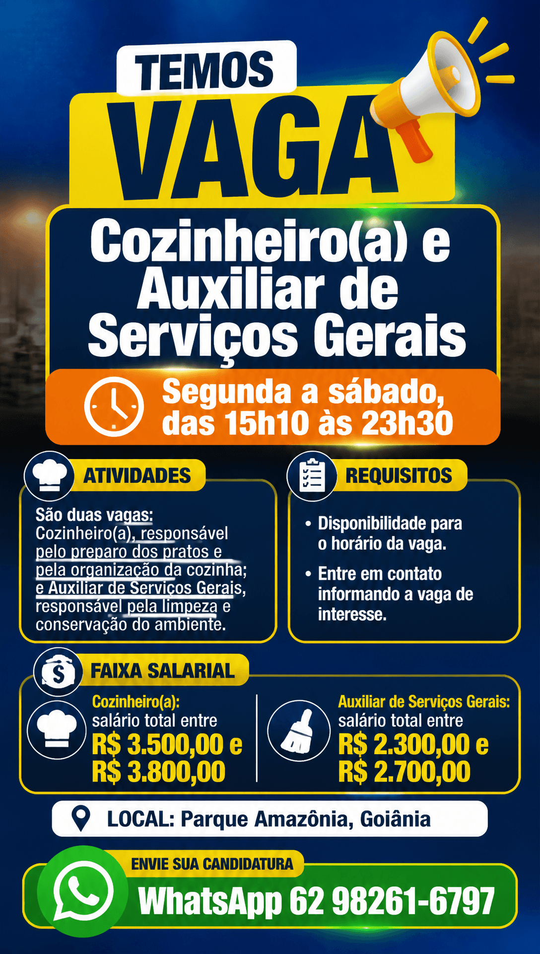 Arte da vaga de Cozinheiro(a) e Auxiliar de Serviços Gerais