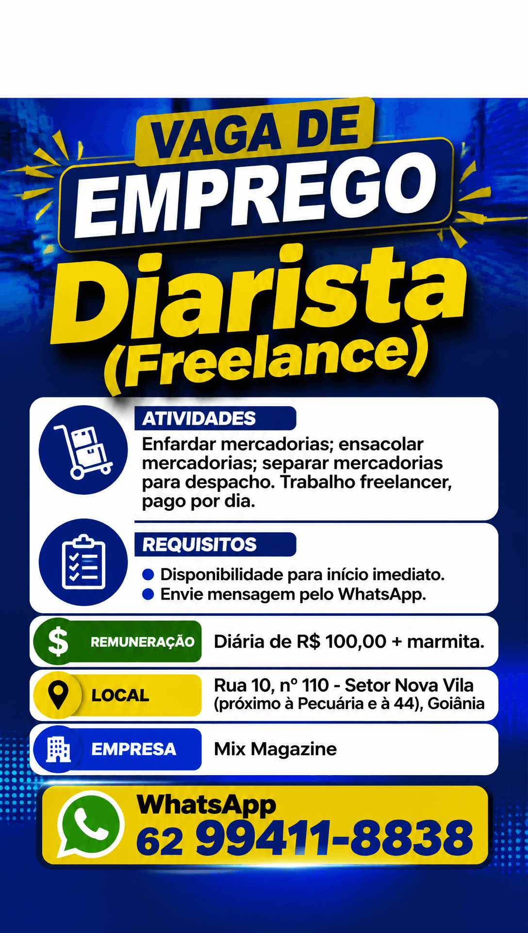 Arte da vaga de Diarista (Freelance)