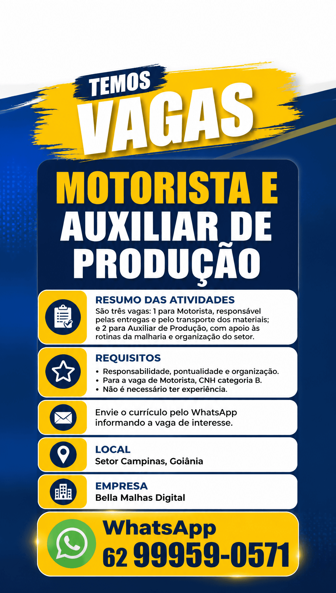 Arte da vaga de Motorista e Auxiliar de Produção