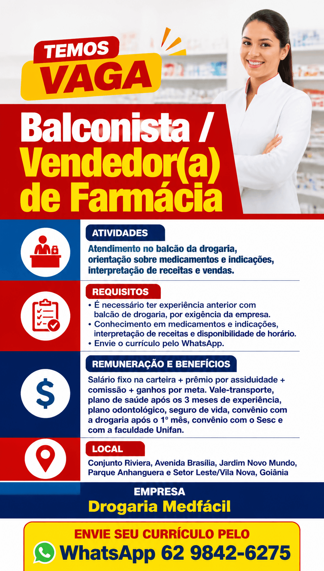 Arte da vaga de Balconista / Vendedor(a) de Farmácia