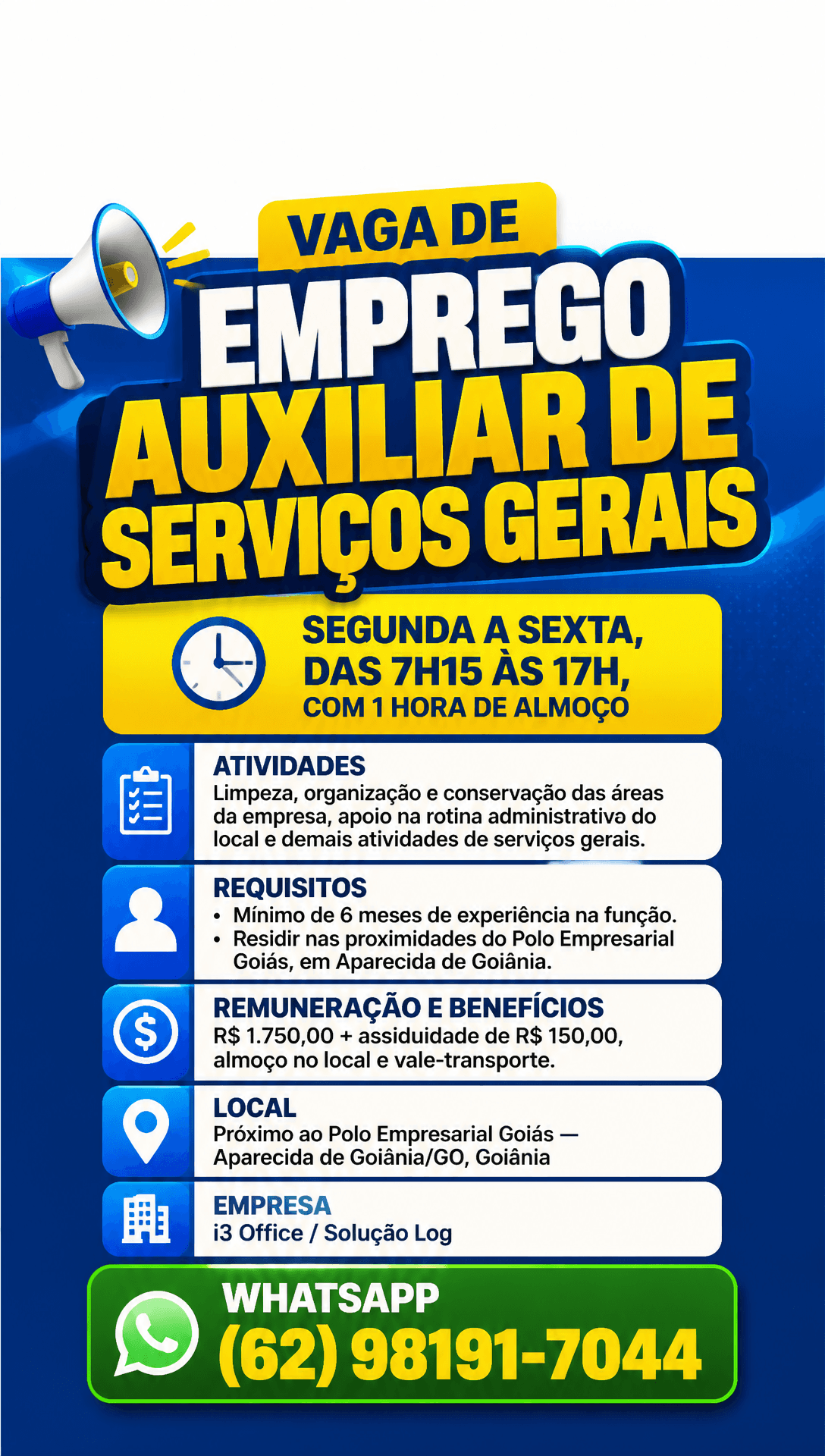 Arte da vaga de Auxiliar de Serviços Gerais