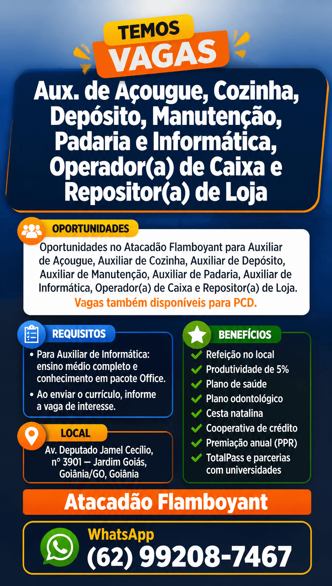 Arte da vaga de Aux. de Açougue, Cozinha, Depósito, Manutenção, Padaria e Informática, Operador(a) de Caixa e Repositor(a) de Loja